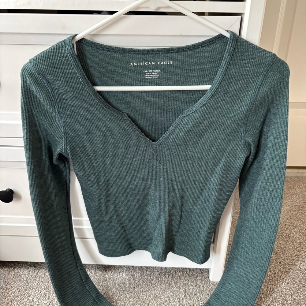 American Eagle Outfitters Teal Long Sleeve V-Neck Top